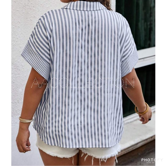 Classic Elegant Plus Size Stripe Short Sleeve Button Down Shirt Blouse Top - Picture 6 of 8